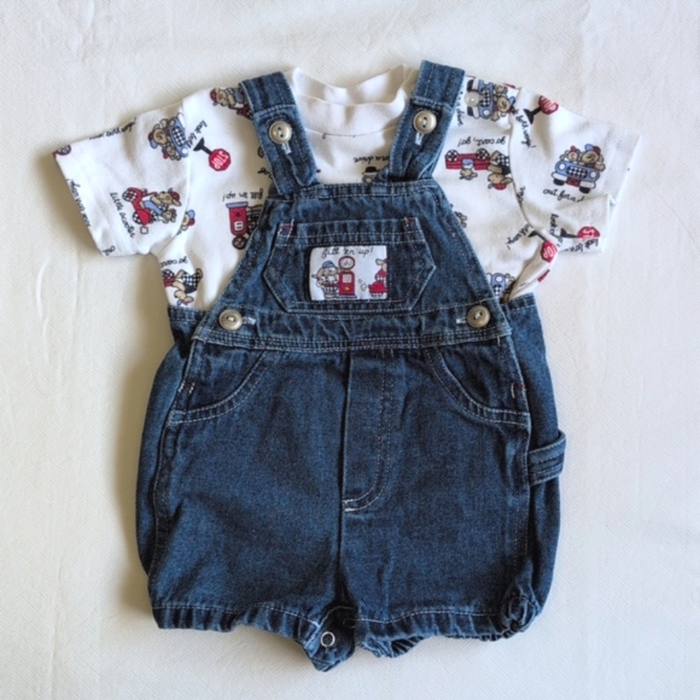 VTG 90s BT Kids Denim Bubble Shortalls Truck Tee Set 6-9M Retro Americana Snaps